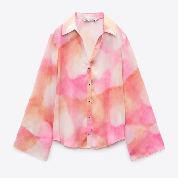 Zara Tie Dye‎ Watercolour Pink Satiny Blouse - Picture 2 of 5